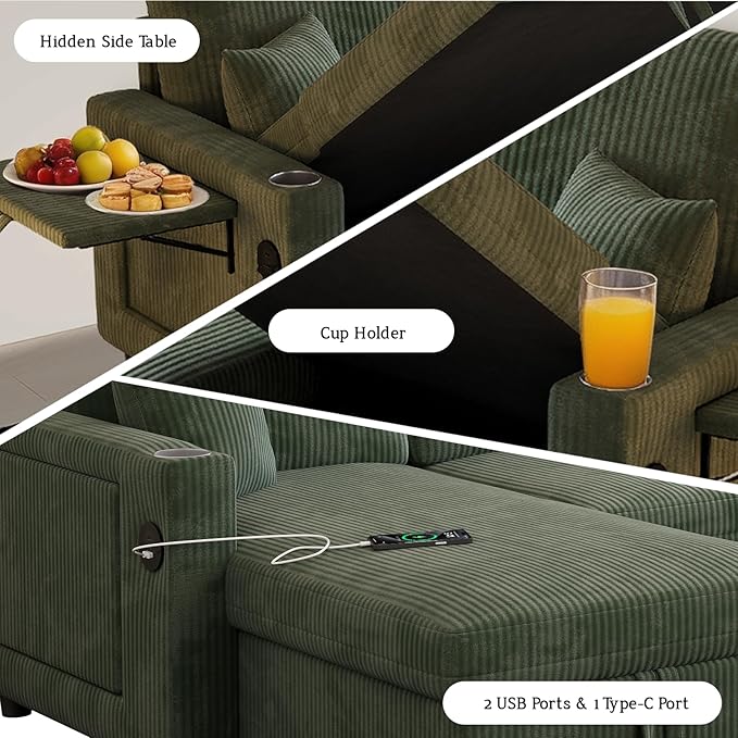 Rovibek 83" Convertible Sofa Bed Couch with Storage & USB Port – 4 in 1 L Shaped Sofa with Pull Out Couch Bed, Side Table, Cup Holder for Living Room, Apartment, Office, Small Spaces, Green