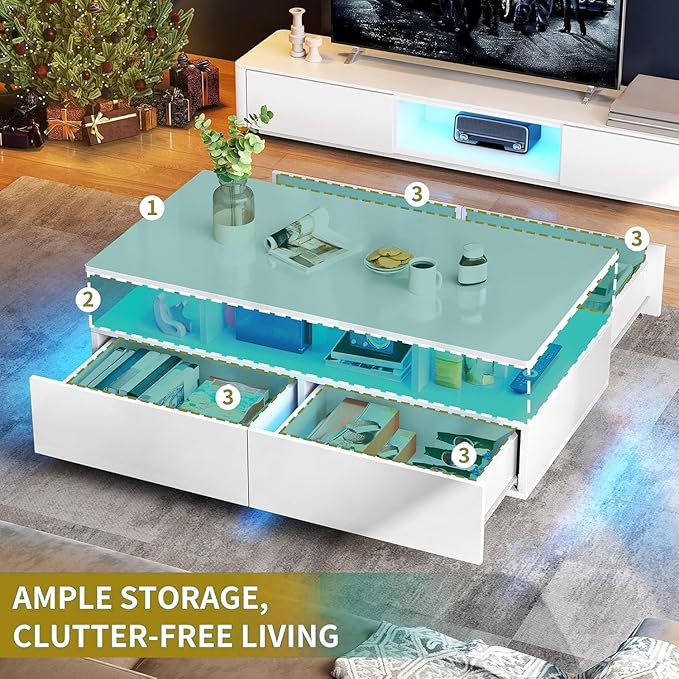 DWVO LED Coffee Table with Storage 4 Drawers, Modern High Glossy Coffee Tables for Living Room, White Rectangle Coffee Table Small Center Table with Open Display Shelf & Sliding Drawers, White