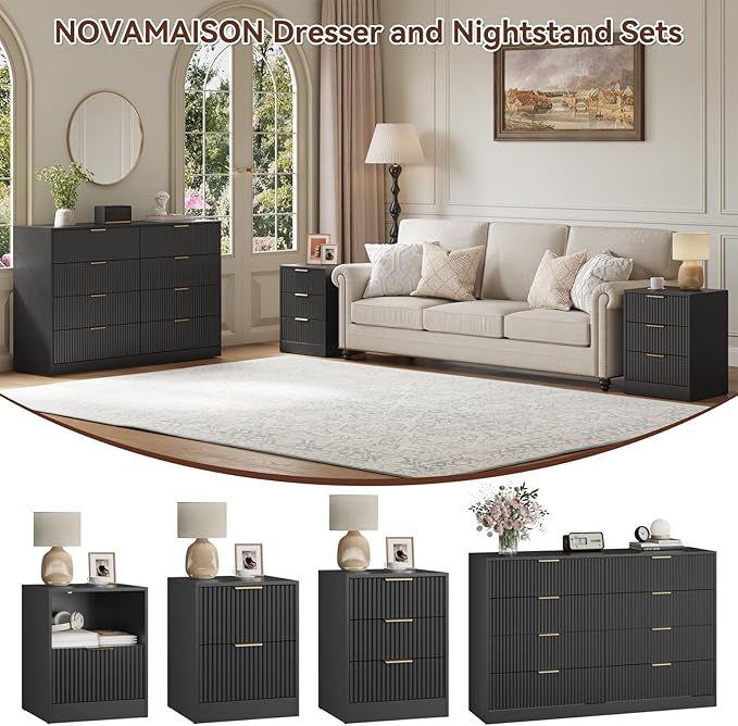 3Pcs Black Dresser & 3 Drawer Nightstand Set, 55” Wide Tall Fluted Dresser and Night Stand Set of 2 with Metal Handle, Modern Wood Chest of Drawers Storage Dressers Set for Bedroom, Black