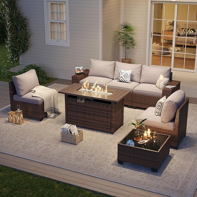 Aoxun Outdoor Patio Furniture Set with 44'' Fire Pit Table, 7 Pcs Outdoor Patio Furniture Sets with 4in Thicken Cushion, Widen Armrests Wicker Outdoor Sectional for Backyard (Waterproof Cover Include)