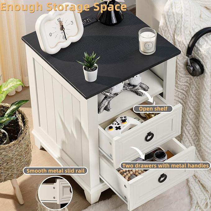 Joaxswe 18" Farmhouse Night Stand with Charging Station, 2 Drawers End Table Dresser for Bedroom, White Wooden Nightstand, Bed Side Table with Open Shelf, Bedside Cabinet for Living Room, Closet - Image 4