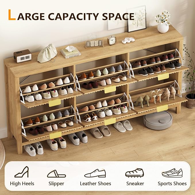 YOMILUVE 63" Shoe Cabinet Storage for Entryway, Fluted Shoe Cabinet with 6 Flip Drawers, Hidden Shoe Rack Freestanding Wooden Shoe Organizer with Legs for Hallway, Oak - Image 5