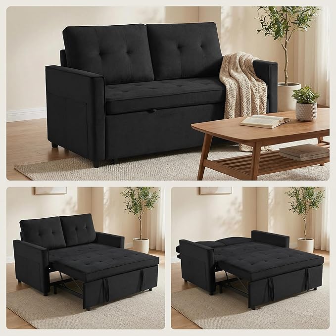 Casaphoria Pull Out Couch Bed, 3-in-1 Convertible Sleeper Sofa with Adjustable Backrest, Velvet Futon Loveseat with Side Pockets for Small Spaces, Living Room & Guest Room (Black)
