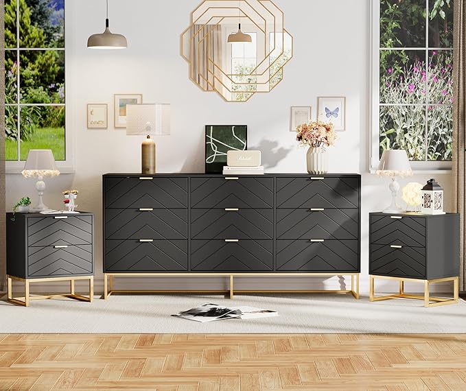 Anbuy Morden 9 Drawer Dresser and Nightstand Sets for Bedroom, 3 Pieces Bedroom Sets Night Stand Set of 2 & 9 Drawer Dresser with Gold Handles, Wood Chest of Drawers Storage Cabinet Set, Green Black