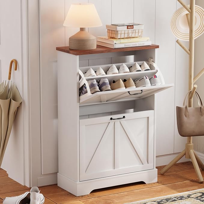 Semiocthome Farmhouse Shoe Storage Cabinet with 2 Flip Drawers, 23.6"(W) Freestanding Shoe Organizer with Barn Door and Metal Handles for Entryway, Rustic Narrow Slim Shoe Rack Cabinet - White - Image 4
