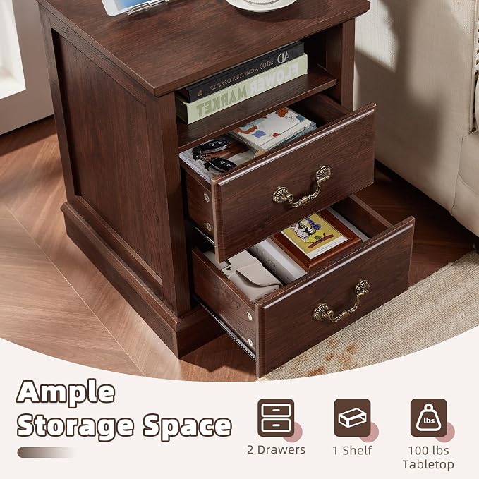 Farmhouse Nightstands Set of 2 with Charger Station, 2 Drawers Night Stand with Storage Shelf, Rustic Brown 18" Wide Wood Bedside Table, Bed Side End Tables for Bedroom, Living Room,Walnut - Image 7
