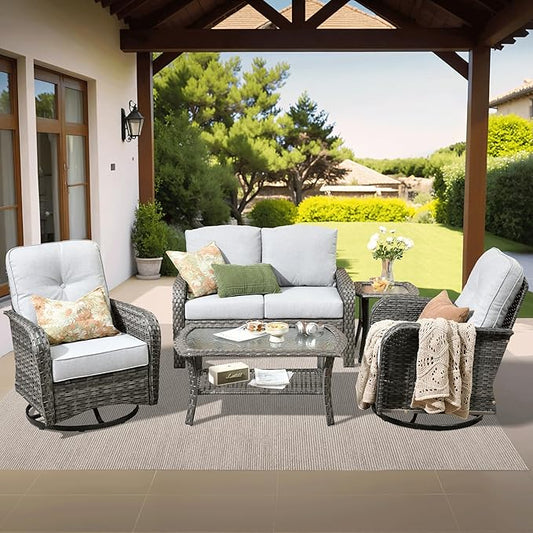 ovios 5-Piece Patio Furniture Set, Outdoor Wicker Sofa with Swivel Chairs Coffee Table, High Back Rattan Couch Loveseat with Comfy Cushions for Porch Yard Deck, Grey