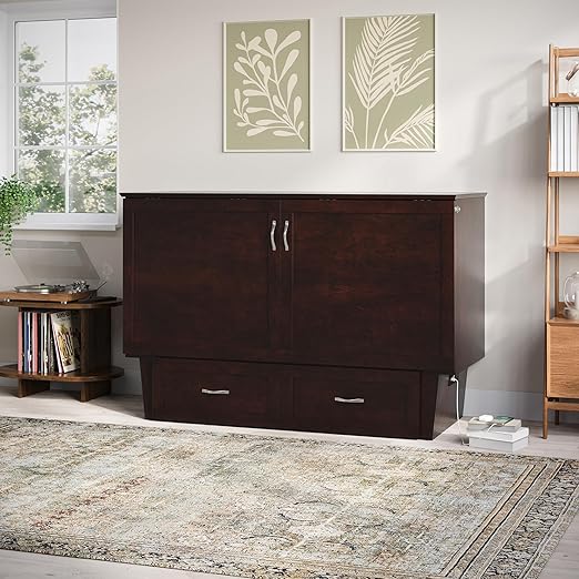 AFI, Chelsea Mid-Century Modern Queen Solid Wood Murphy Bed Chest with 6" Mattress, Storage Drawer & Built-in USB Charger, Espresso