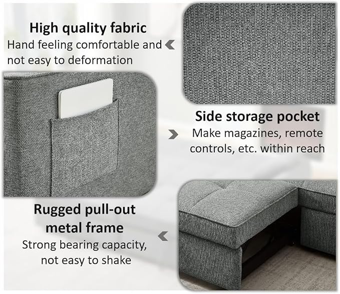 82" 3 in 1 Convertible Sleeper Sofa Bed, Modern Fabric Pull Out Couch, Loveseat Sofa with Pillows & Pockets, Futon Couch Bed Reclining Backrest for Living Room, Bedroom, Apartment, Grey
