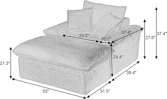 52" Oversized Chaise Lounge Chair Boneless Sofa Bed, Plush Corduroy Upholstered Cloud Lounge Sofa Couch with Ottoman, Modern Deep Seat Sleeper Chair w/Thickness Cushions for Living Room, No Assembly