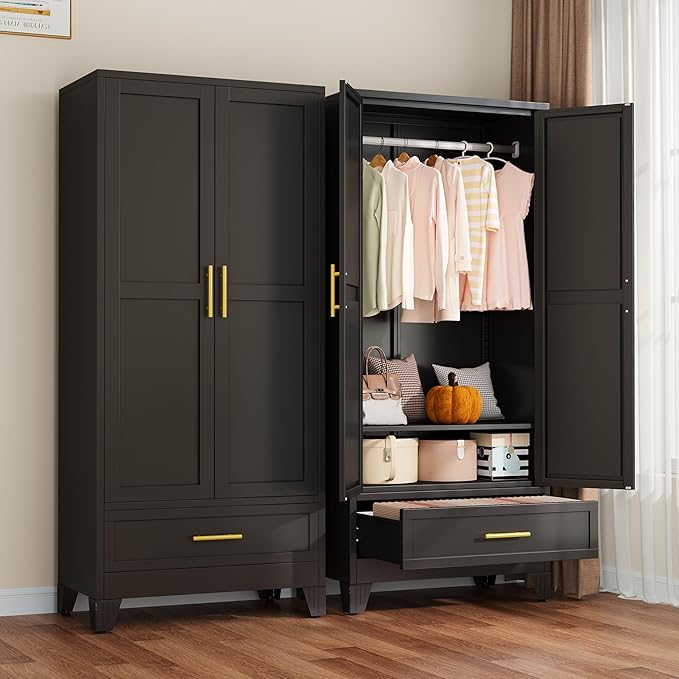 winiowa Metal Armoire Wardrobe Closet with Drawer, 71" Wardrobe Cabinet with Adjustable Shelves and Hanging Rod, Clothing Storage Cabinet Closet for Bedroom-Black