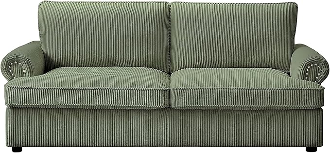 Reversible Sleeper Sofa Bed with Comfortable Memory Foam Mattress, Convertible Corduroy Full Size Pull Out Couch for Living Room, Space Saving Furniture, 76" Wide, Rounded Arms, Dark Green