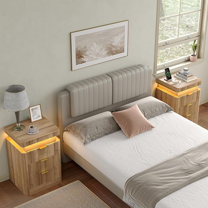 Yanosaku Night Stand Set of 2 with Charging Station, 3-Drawer Fluted LED Bedside Tables with Sliding Top & USB Outlets, Modern End Tables for Small Bedroom Living Room, Oak - Image 3