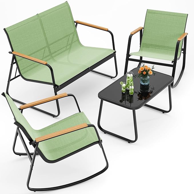 Ahomly 4-Piece Outdoor Patio Furniture Set, All Weather-Resistant Textile Fabric Outdoor Conversation Set with Coffee Table, Patio Rocking Chairs for Lawn, Balcony, Poolside (Green)