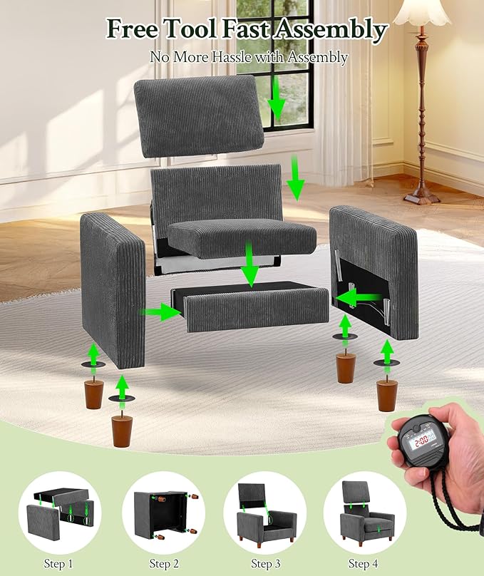 35.3" Couches for Living Room, Comfy Grey Couch Single with 22.5" Deeper Seat, Accent Chair Tool-Free Setup, Reading Chair 440lbs Support, Corduroy Couch for Bedroom, Apartment, Office