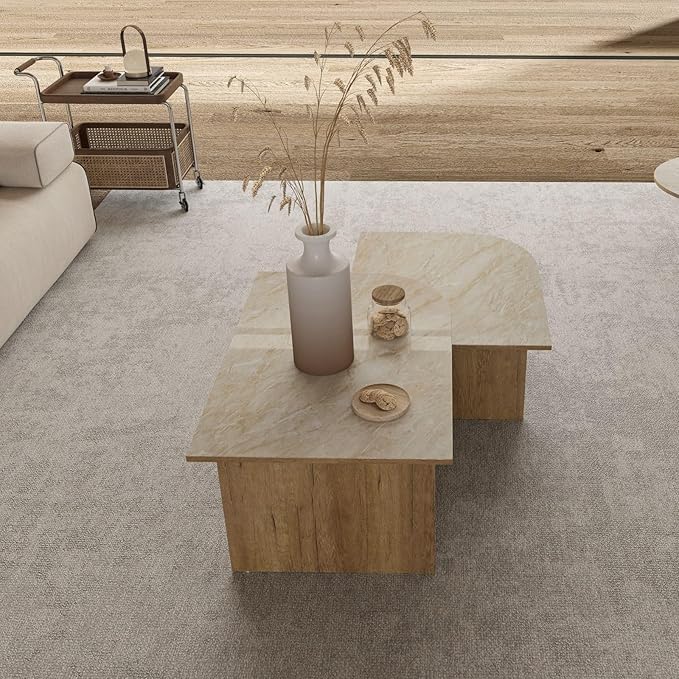 Set of 3 Nesting Coffee Tables, Modern Faux Marble Look Top Coffee Table Set with Wood Base, Versatile Stacking Accent Tables for Living Room, Small Spaces