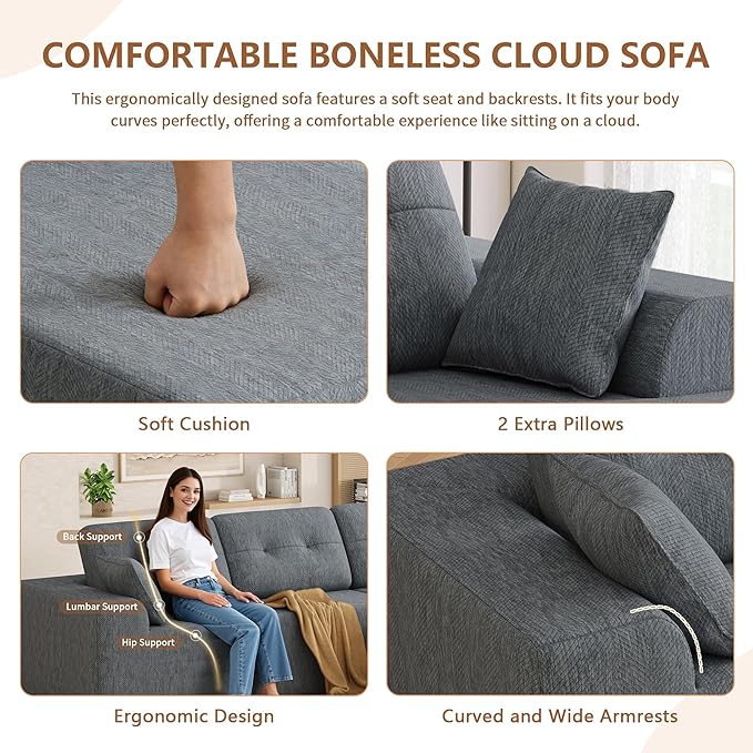 Ball & Cast 106" Modular Sectional Sofa,Cloud Chenille Couch with Deep Seat,Boneless L-Shaped Sectional,Modern Comfort Upholstered Sofa for Living Room,No Assembly Required (Gray, Right Facing Chaise)
