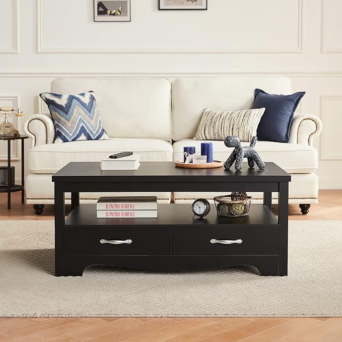 LINSY Farmhouse Coffee Table, Rectangle Coffee Table with Drawers, Rustic Wooden Coffee Tables with Storage, Center Table for Living Room, Apartment, Office, Black