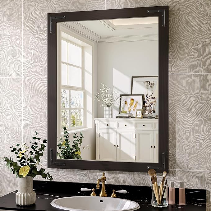 Black Farmhouse Bathroom Mirror, 28x36 Inch Black Wooded Framed Vanity Mirror for Wall, Rectangular Rustic Wall Decor Mirrors for Entryway Living Room Bedroom by JIINGYO