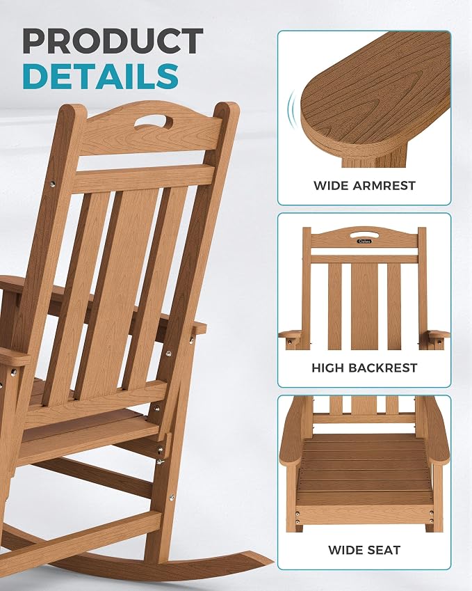 Ciokea Oversized Outdoor Rocking Chairs Set of 6, 380lbs Heavy-Duty Large Patio Rocker, High Back Cozy Porch Chairs, Weather Resistant Patio Rocking Chairs for Outside, Fire Pit, Deck, Teak - Image 5