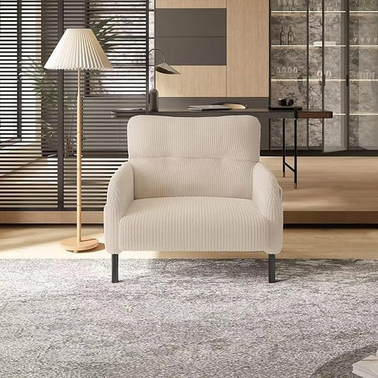 KEIKI 26" Corduroy Single Sofa Chair with Double Side Pockets & High Resilience Cushion, Modern Ergonomic Design Upholstery Oversized 1-Seater Accent Chair, Easy Assembly, for Living Room, Beige