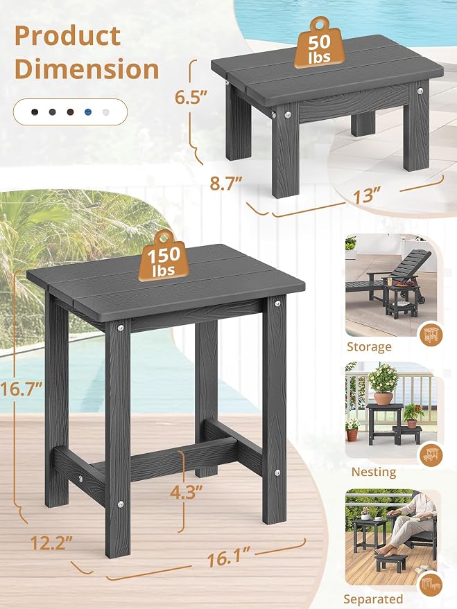 LUE BONA Outdoor Side Table, 2-Tier HDPS Outdoor Nesting End Table with Removable Small Foot Stool for Patio, Deck, Poolside, Low Maintenance & Weather Resistant,Dark Gray - Image 3