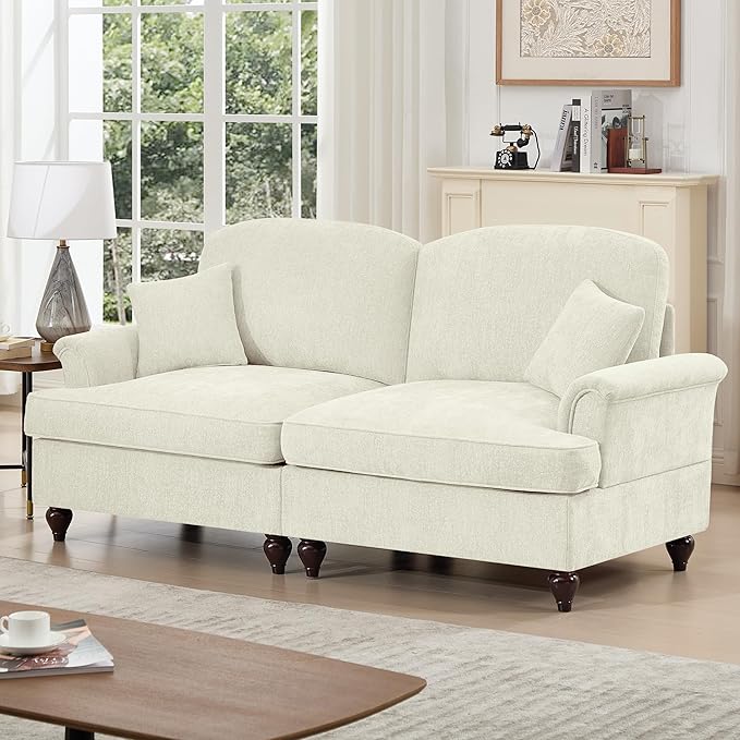KEIKI Mid Century Modular Sofa with Flared Arms and Skirted Design, 76" Loveseat Chenille Sectional Couches for Living Room, Soft Apartment Size Couch, Home Sofa Bedroom Furniture, Beige White