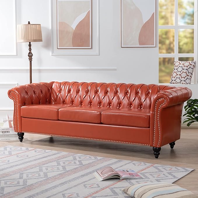 ERYE 84.5-Inch Classic 3 Seat Chesterfield Sofa Couches for Living Room Bedroom, 3 Seaters Button Tufted Faux Leather Upholstered Chesterfield Sofa Couch,Wood Legs | Button Tufted, Easy to Assemble, Nailhead, Removable Cushion