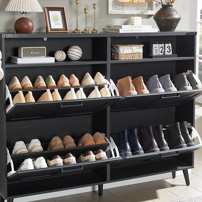 Shoe Storage Cabinet, Farmhouse Shoe Organizer with 4 Flip Drawers & Barn Door,Freestanding Hidden Slim Narrow Shoe Rack with Open Shelves for Entryway, Foyer, Hallway, Black - Image 7