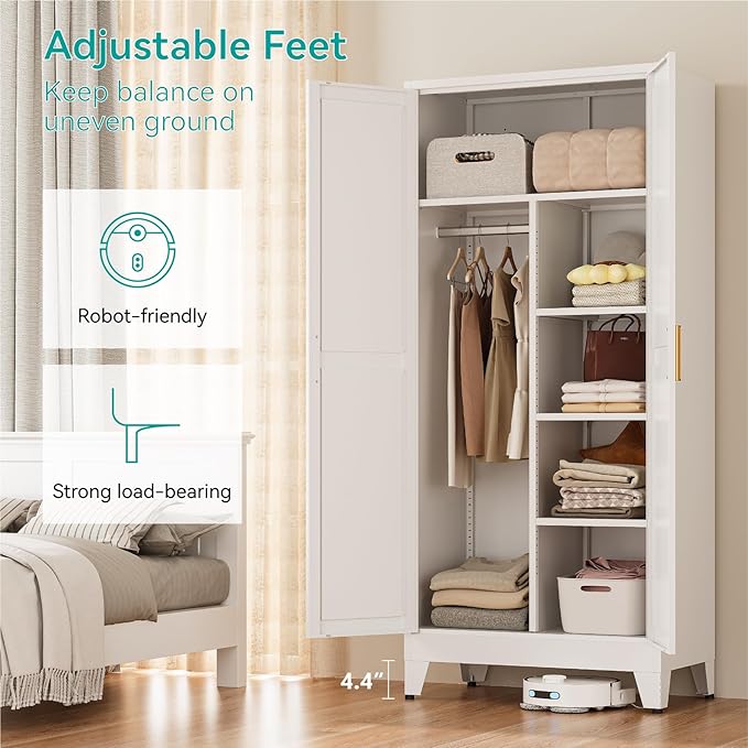 71" Tall Metal Armoire Wardrobe Closet with Hanging Rod and 3 Adjustable Shelves,White Storage Cabinet,Steel Wardrobe for Bedroom Garage Laundry Room Office Apartment Amployees,6 Tier 1 Pack