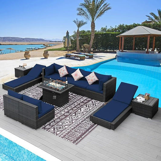NICESOUL 11 Piece Outdoor Sectional with Fire Pit Table, 29.3'' High Back Rattan Patio Furniture Set with Firepit & Chaise Lounge, Large Deep Outdoor Sectional, 2 Color Cushion Navy Blue & Grey