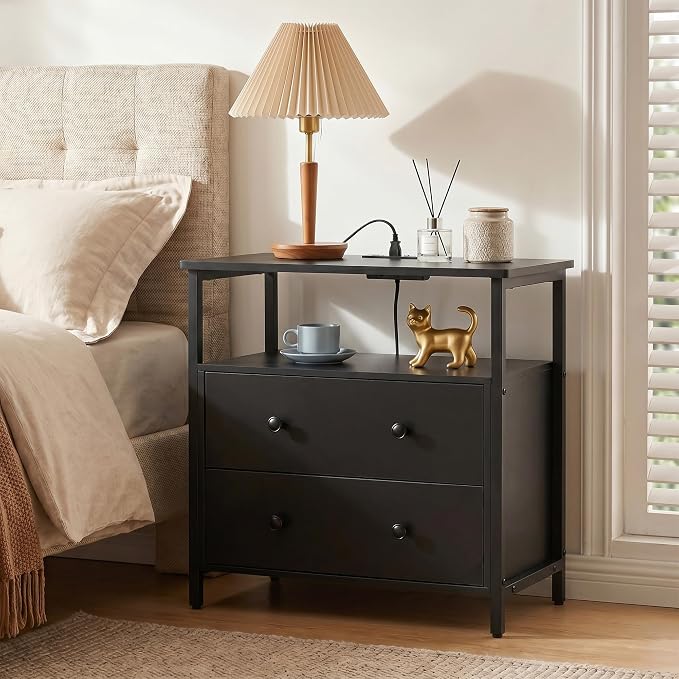 Edbuosy 27 inch Wide Night Stand Set 2 with Charging Station, Bedside Table with Open Shelf, 2 Drawers Small Wood Dresser, Modern Wood Nightstand for Bedroom/Living Room (Black) - Image 8
