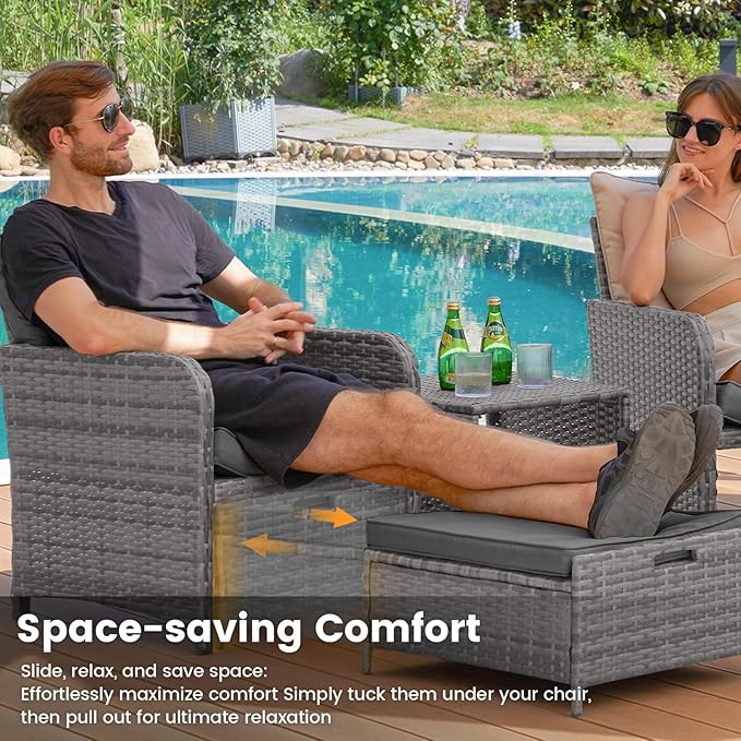 UDPATIO Patio Chairs with Hiddern Ottoman Balcony Furniture Small Space, Wicker Outdoor Patio Furniture with Side Table for Deck, Porch