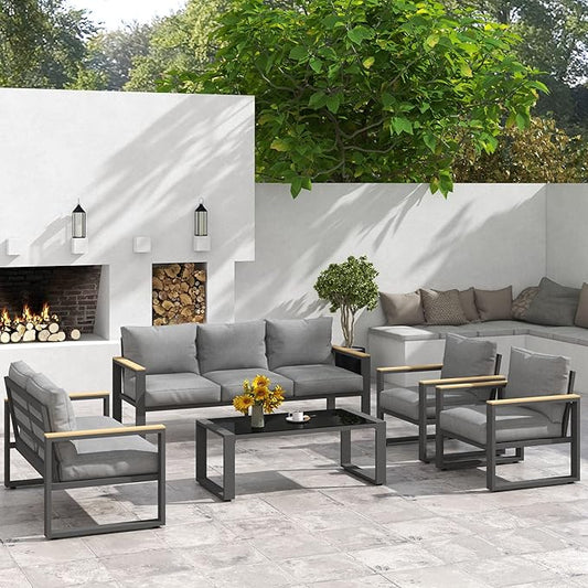 RoyalCraft Aluminum Patio Furniture Set, 7-Seats Outdoor Conversation Set with Coffee Table, Metal Outdoor Patio Furniture Set for Porch Backyard Garden, Grey