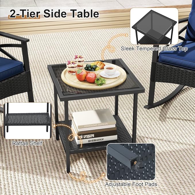 Tangkula 3 Pieces Outdoor Rocking Chairs Set, Rattan Heavy Duty Cushioned Rocker Chairs with 2-Tier Tempered Glass Coffee Table, for Garden, Balcony, Backyard (Black+Navy) - Image 8