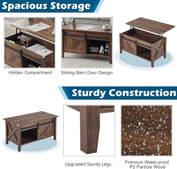 VINGLI Farmhouse Lift Top Coffee Table, Rustic Grey with Storage Shelf/Hidden Compartment, Mesa De Centro para Sala, Rustic Brown (Espresso, 36" L)
