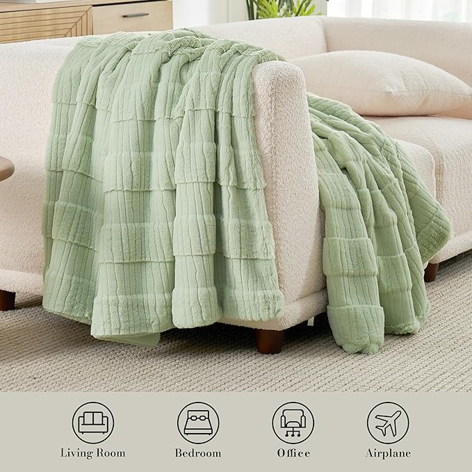 Amélie Home Luxury Striped Faux Fur Throw Blanket for Couch, Soft Cozy Fuzzy Fluffy Soft Plush Blankets Sofa Chair Gift Blankets for Women, 60"x80", Sage Green
