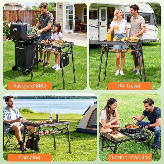 Folding Grill Table for Outside, 3 Height Adjustable Small Camping Table with Mesh Bag, Metal Aluminum Folding Table, 23.62 x 15.75 inches, Portable Grill Stand for Picnic, Camping, BBQ, Beach, Black - Image 8