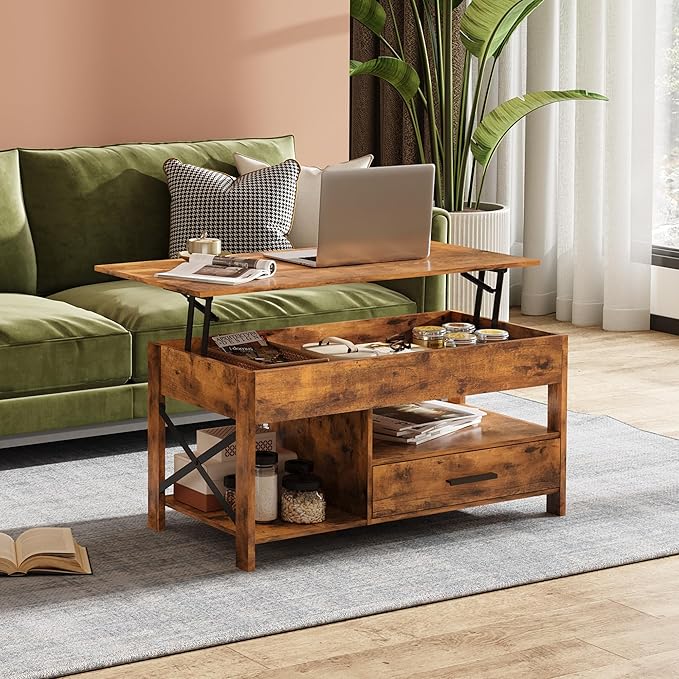 WLIVE Coffee Table, 39" Lift Top Coffee Table with Hidden Compartment, Storage Drawers and Storage Shelf for Living Room, Reception Room, Rustic Brown