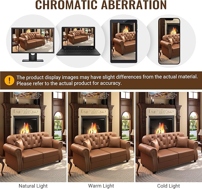 KEIKI 63" Faux Leather Chesterfield Sofa with Rolled Arms & Nailhead Trim, Modern Style 2-Seater Button Tufted Couch with High Resilience Cushion & 2 Pillow, Easy Assembly, for Living Room, Brown
