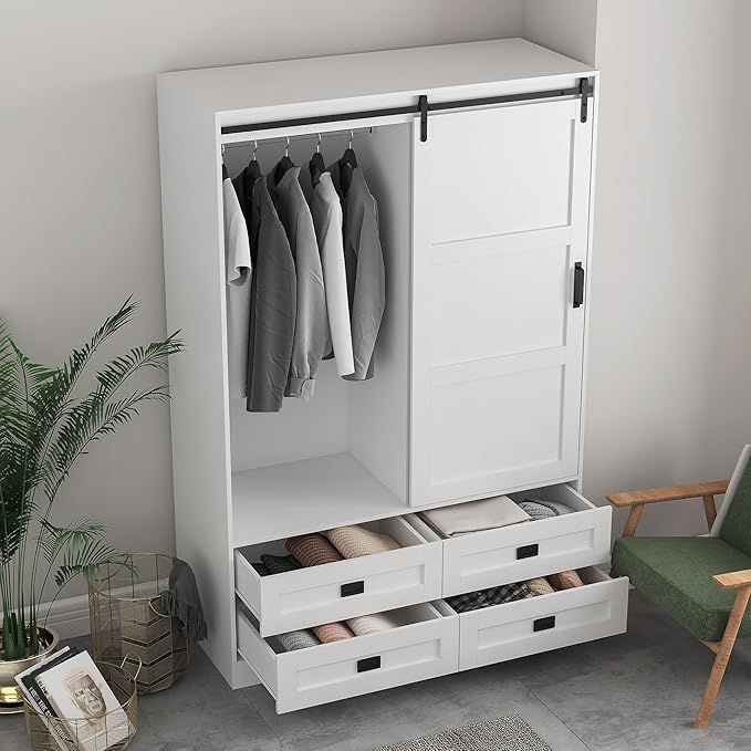 Wardrobe Closet with Sliding Barn Door, Tall Wooden Bedroom Armoire Wardrobe Closet Clothing Storage Cabinet with 4 Drawers, Adjustable Shelves and Hanging Rod, Clothes Cabinet for Bedroom, White