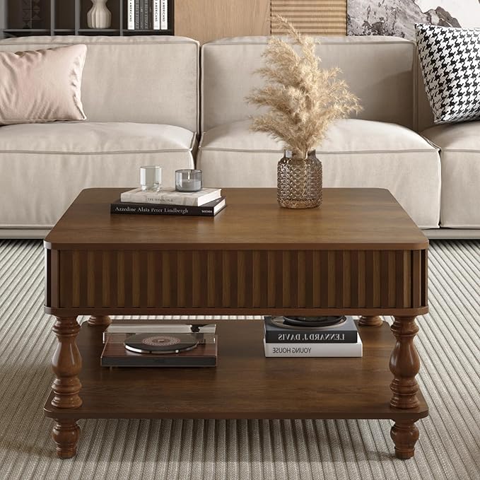 31.5" Square Lift Top Coffee Table with Storage Modern Fluted Coffee Tables with Lifting Top, Farmhouse Solid Wood Center Table with Table Legs for Living Room, Apartment or Office (Walnut)