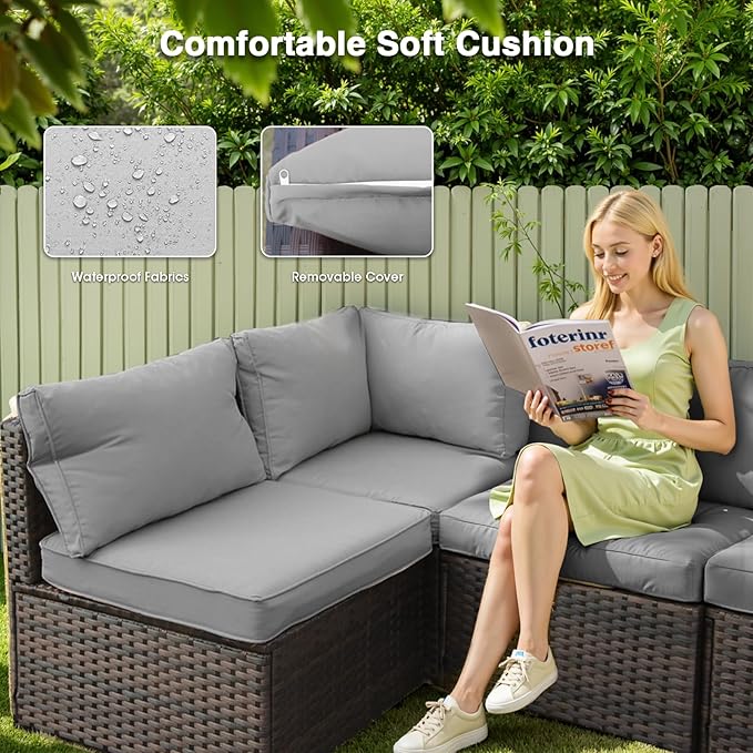 Patio Furniture Set 15 Pieces with 44" Fire Pit Table, Rattan Outdoor Sectional Conversation Sets, All Weather Outdoor Furniture Set with Cushions for Garden Lawn Balcony Porch Deck Grey