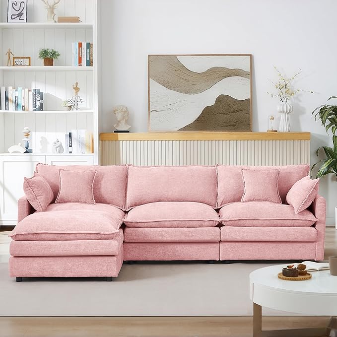 Eafurn Oversized Reversible Modular Sectional Sofa with Movable Ottoman, 4 Seater Convertible L Shaped Corner Couch Modern Chenille Sofa Set w/Double Layers Seat Cushions for Living Room Apartment