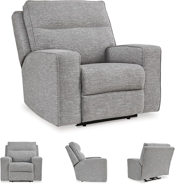 Signature Design by Ashley Biscoe Contemporary Power Recliner with Adjustable Headrest, USB Charging, Cleanable Performance Fabric, 21" Seat Height, Gray