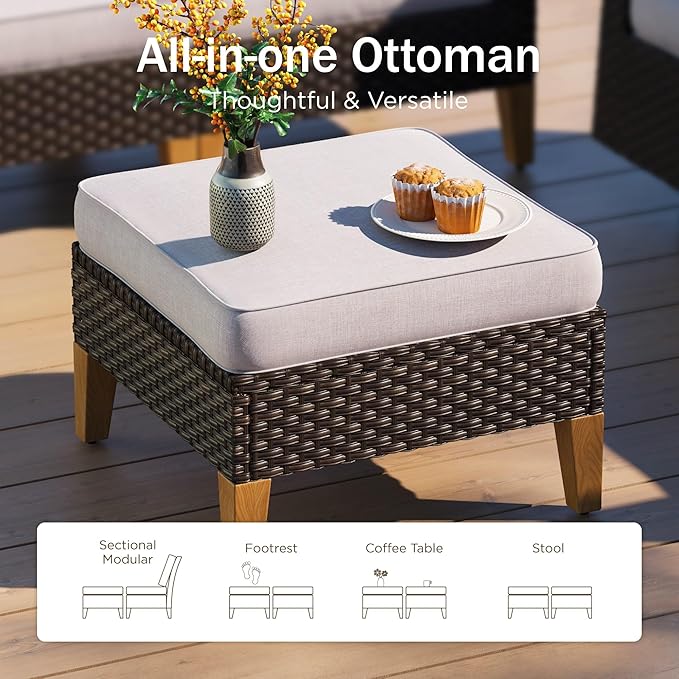 PHI VILLA 9-Piece Wicker Patio Furniture Set, Outdoor Half-Moon Curved Sectional Sofa with Thick Beige Cushions, 2 Ottomans, 2 Single Seats, Large Conversation Seating for Garden or Backyard