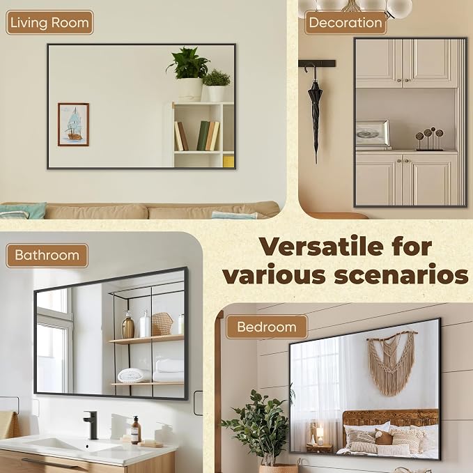 Antok 48x30 Black Metal Framed Bathroom Mirror, Wall Mirror with Rect Corners, Vanity Mirror for Over Sink, Anti-Rust Tempered Glass, Horizontal/Vertical Hanging for Bathroom, Living Room, Entryway - Image 5