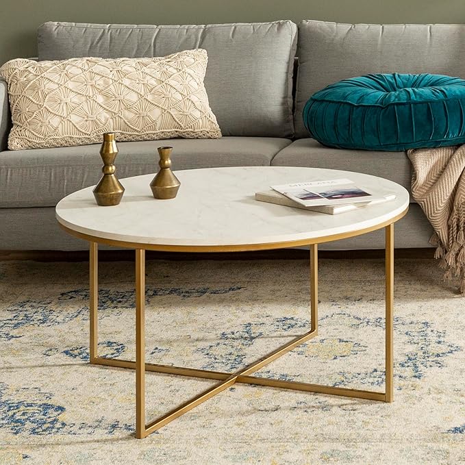 Walker Edison Modern Glam Round Accent Faux White Marble Coffee Table with Gold X-Base, 35.5 Inch