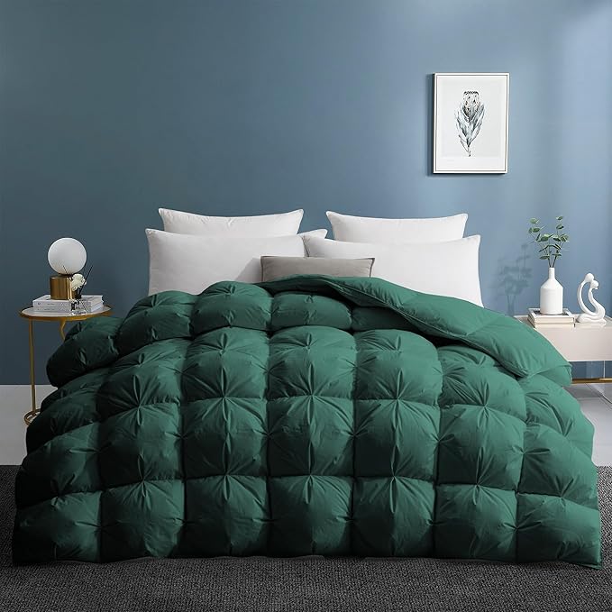 UNIKOME Goose Feather Down Comforter with Pinch Pleat Design -20% Extra Fill, 116oz, All Season Duvet Insert with Cotton Cover, Cloud-Like Fluffiness Down Fiber Comforters (Green, Cal King, 108"X94")