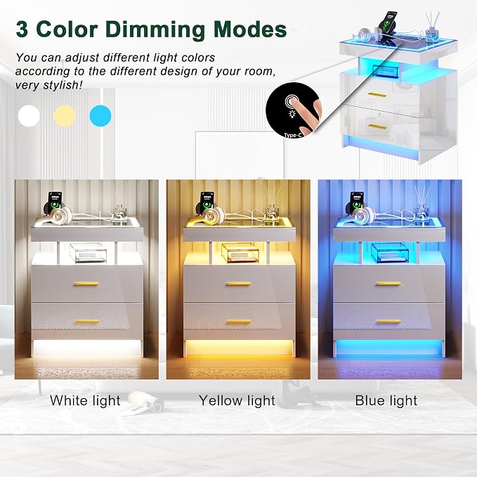 HNEBC Auto LED Nightstand Set of 2, White Night Stand with Charging Station & USB Ports, High Gloss Bedside Table has 2 Drawers,Modern End Side Table for Bedroom (White) - Image 6
